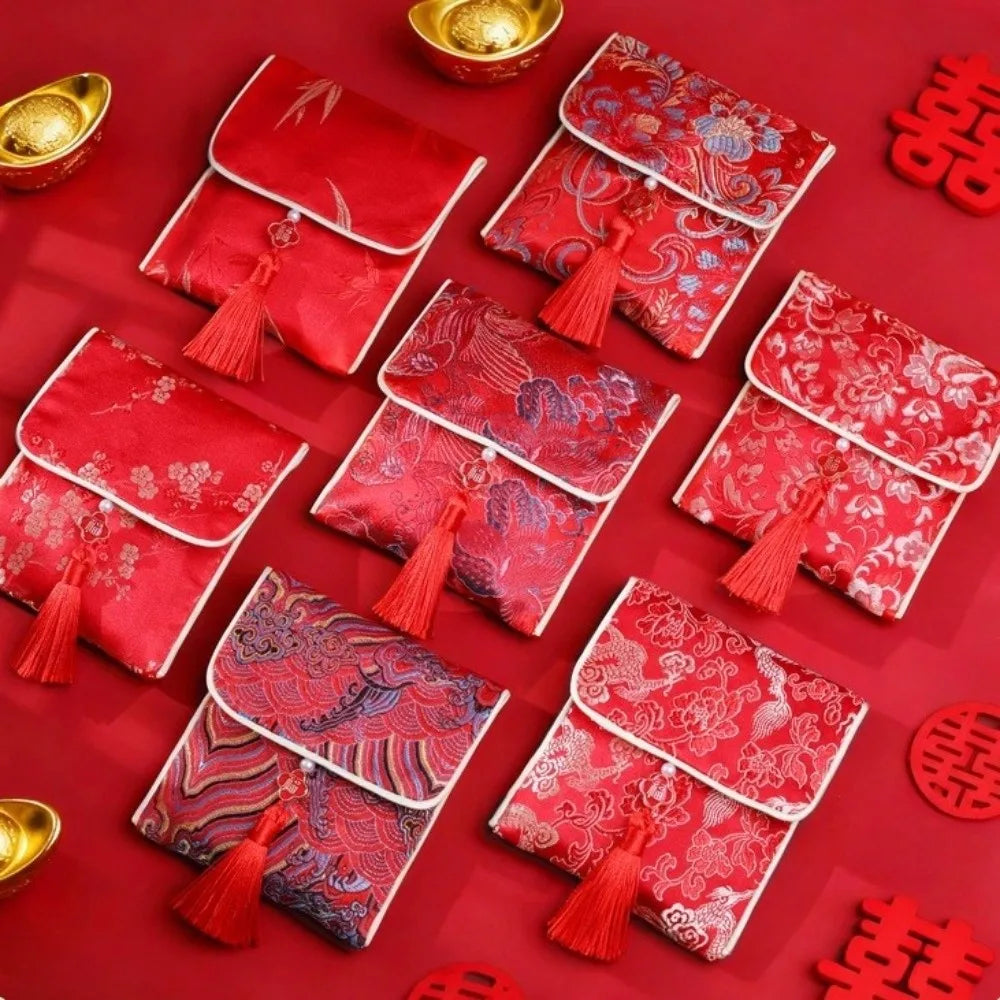 New Year Blessing Words Brocade Red Envelope Tassel Spring Festival Money Pocket Embroidery Best Wishes New Year Money Bag