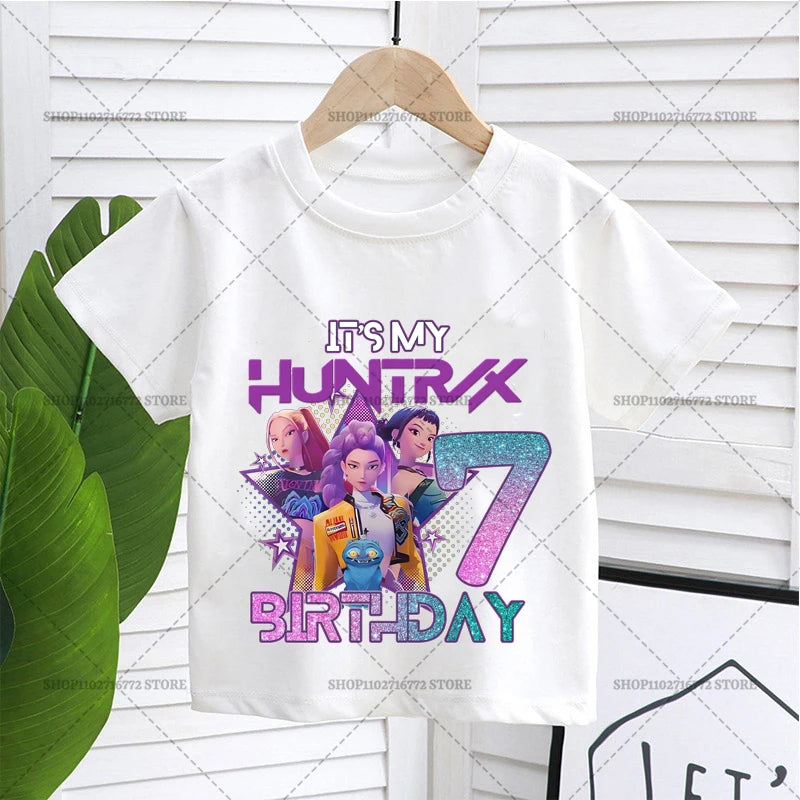 Cartoon Huntrix Number T-shirt Cute Birthday Top Girl Tee Summer Short Sleeve Cotton Boutique Child Clothing Kpop Demon Hunters
