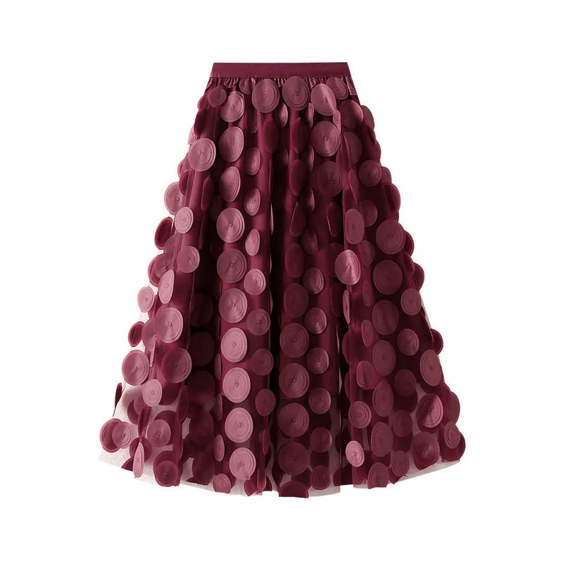 Autumn Winter 3D Circular Applique Mesh Long Skirts 2024 Korean Fashion Hepburn Style High Waist A-LINE Skirt