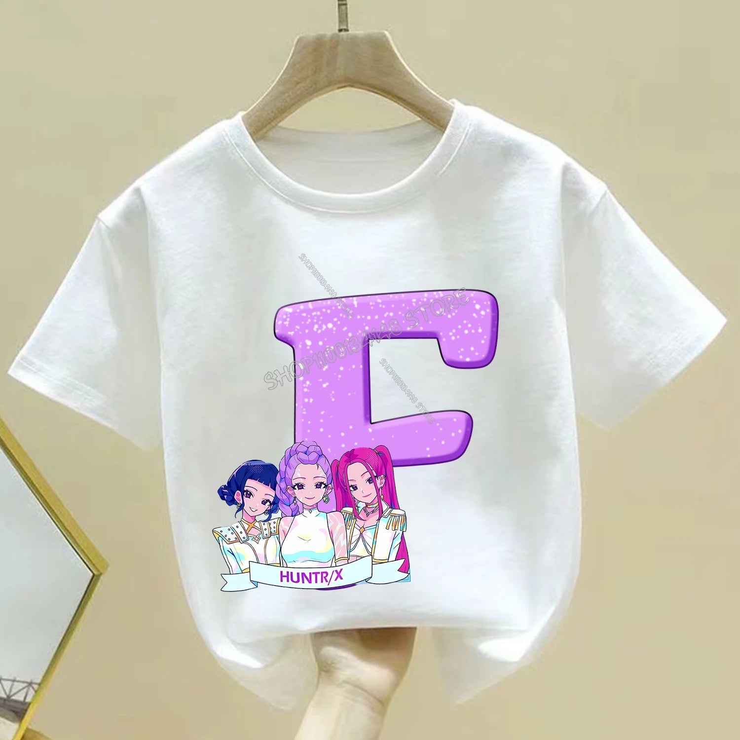 KPop Demon Hunters T-shirt for Children Cartoon A-Z Letters Tee Top White Round Collar Clothes Kids Short Sleeve Clothing Gift