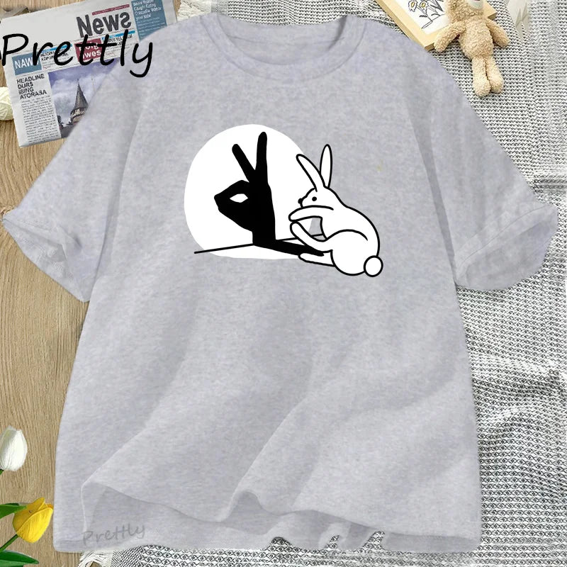 Funny Rabbit Hand Shadow T-Shirt Cute Cotton Short Sleeve T Shirt for Men Women Couple Short Sleeve Tops Harajuku Y2k Clothing