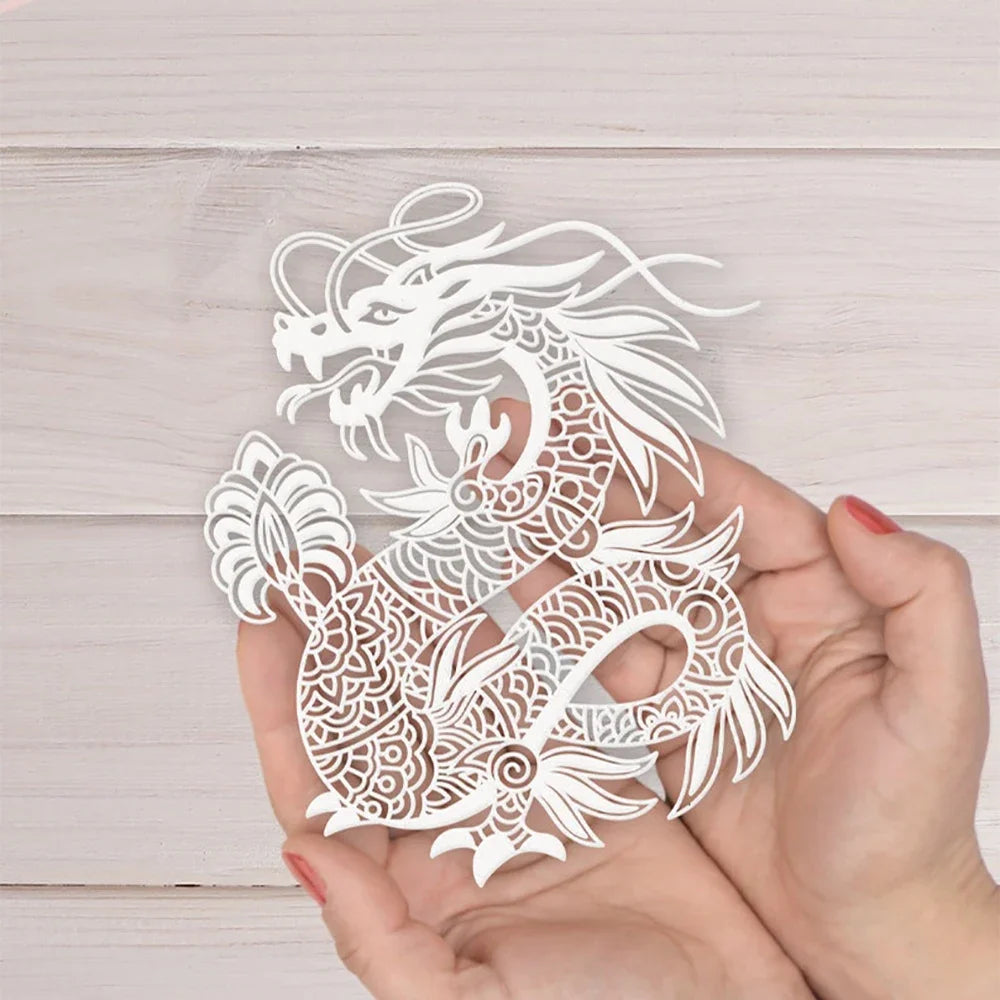 Happy New Year Words Nesting Round Metal Cutting Dies Flower Dragon Chinese Element for DIY Window Decoration Paper Craft