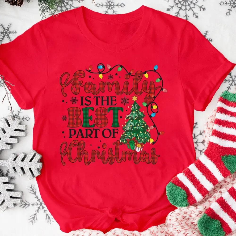 Family Is The Best Part of Christmas Printed Shirts Xams Party Women Girls T-shirt Female Short Sleeve Tops Holiday Outfit Tee