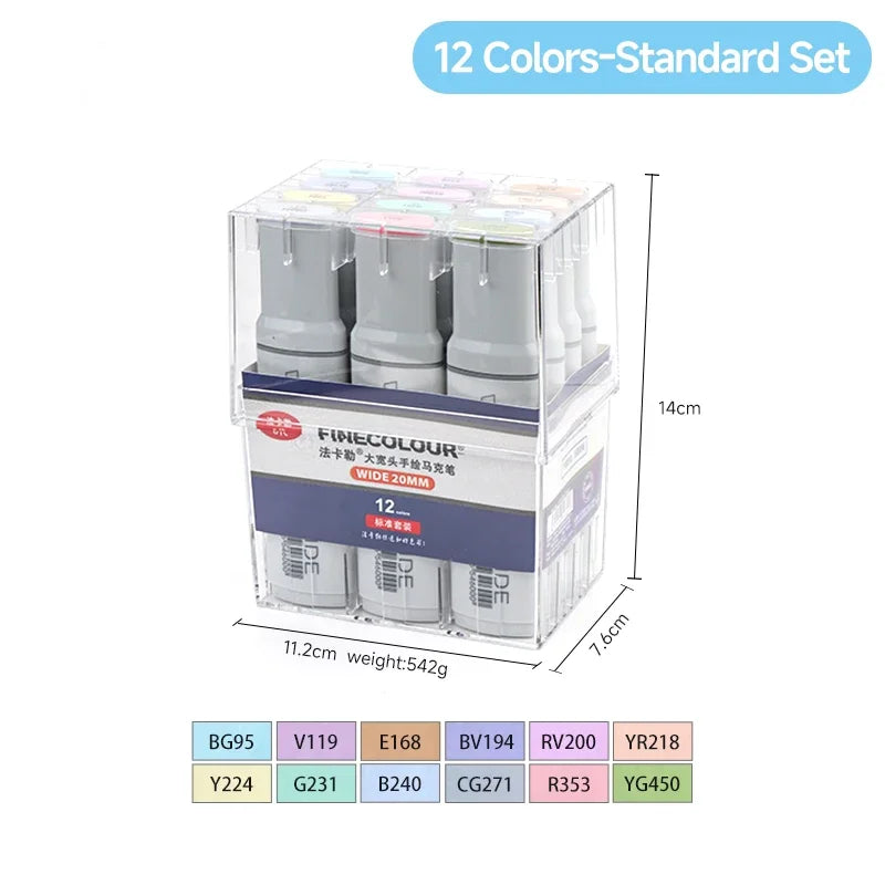 Finecolour EF105 20mm Wide Markers 12colors Alcohol Line Sketching Art Markers Pen Drawing For Large Area Painting Art Supplies