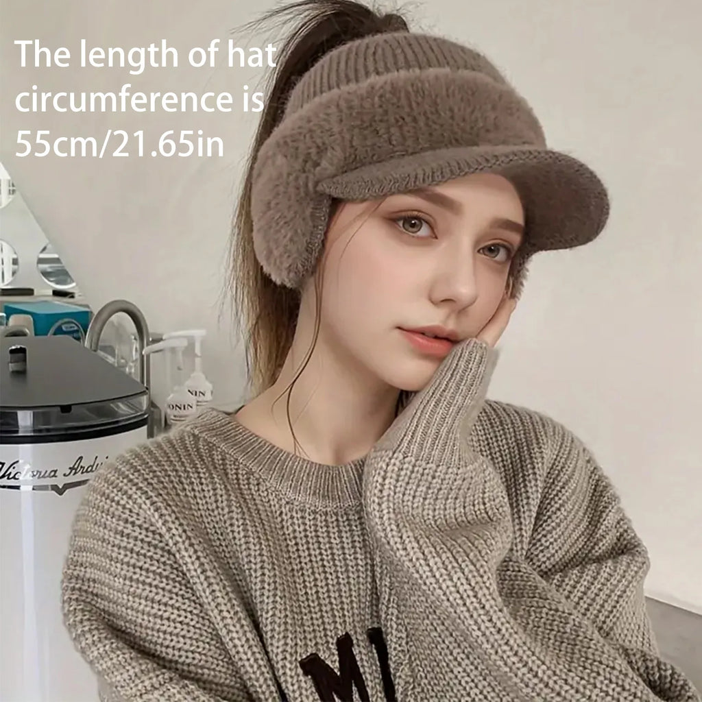 Winter Hat for Women New Fashion Winter Warm Ear Wing Knitted Cap Baseball Cap Outdoor Sports Windproof Ponytail Hat Visor