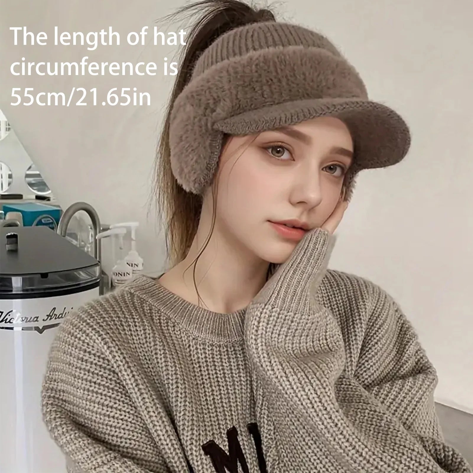 Winter Hat for Women New Fashion Winter Warm Ear Wing Knitted Cap Baseball Cap Outdoor Sports Windproof Ponytail Hat Visor