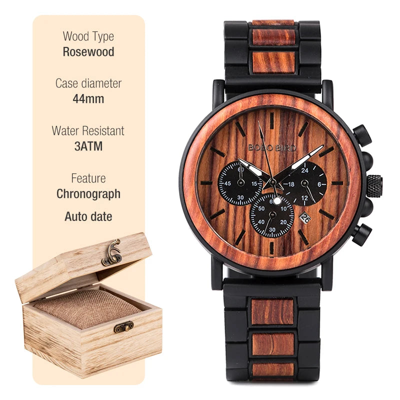 BOBO BIRD Wooden Watch Men erkek kol saati Luxury Stylish Wood Timepieces Chronograph Military Quartz Watches Custom Wood Gift