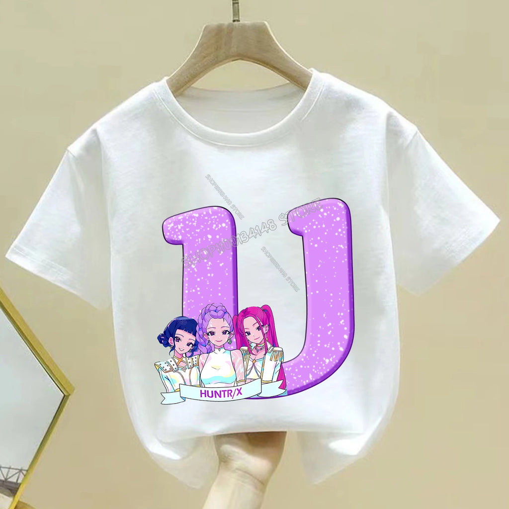 KPop Demon Hunters T-shirt for Children Cartoon A-Z Letters Tee Top White Round Collar Clothes Kids Short Sleeve Clothing Gift