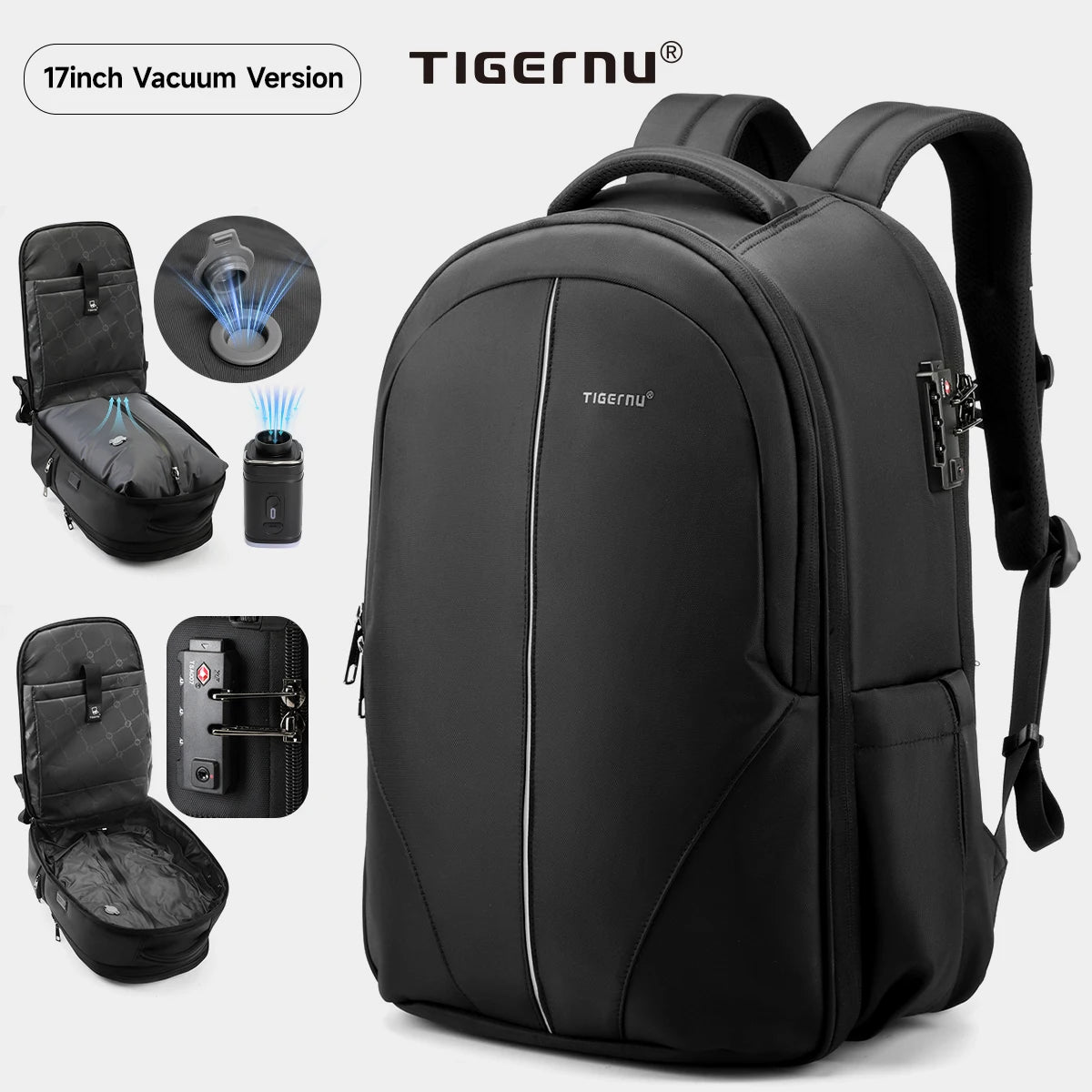 Tigernu Vacuum Backpacks Compression Travel Backpacks 15.6-17 Laptop Backpack Men TSA Anti Theft Backpacks Expandable Schoolbag
