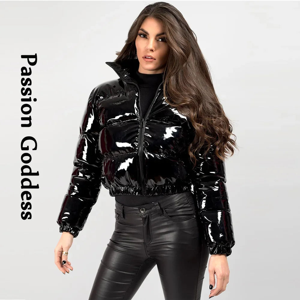 Winter Women Shiny Leather Puffer Jacket Cropped Parka Down Warm Thick Bubble Coats Black PU Leather Parkas Loose Zipper Jackets