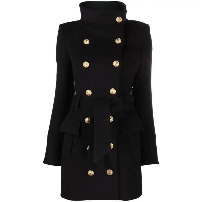 Women New Winter Black Wool Coat Gold Double Breasted Long Sleeve Coat