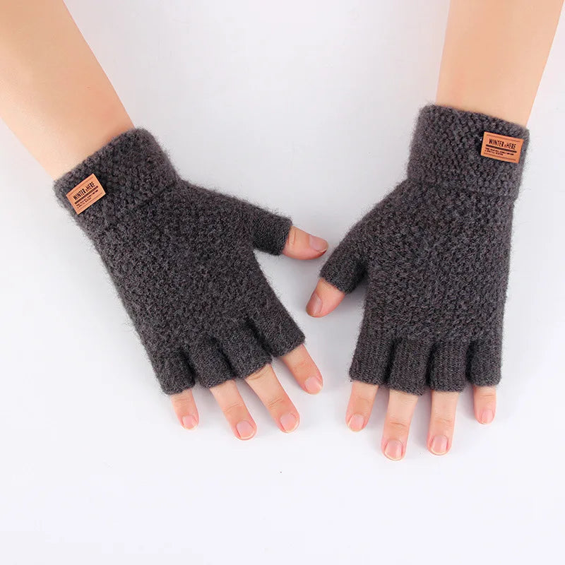 Winter Gloves For Men Half Finger Writting Office Cycling Knitted Gloves Students Alpaca Wool Warm Thick Elastic Driving Gloves