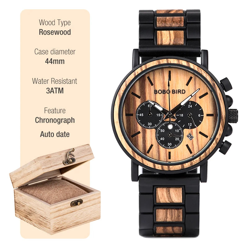 BOBO BIRD Wooden Watch Men erkek kol saati Luxury Stylish Wood Timepieces Chronograph Military Quartz Watches Custom Wood Gift