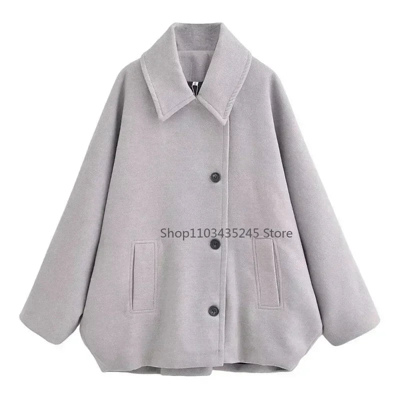 Fashion Lapel Woolen Jacket For Women 2025 Spring Single Breasted Long Sleeve Coats Female Elegant Oversized Chic Street Outwear