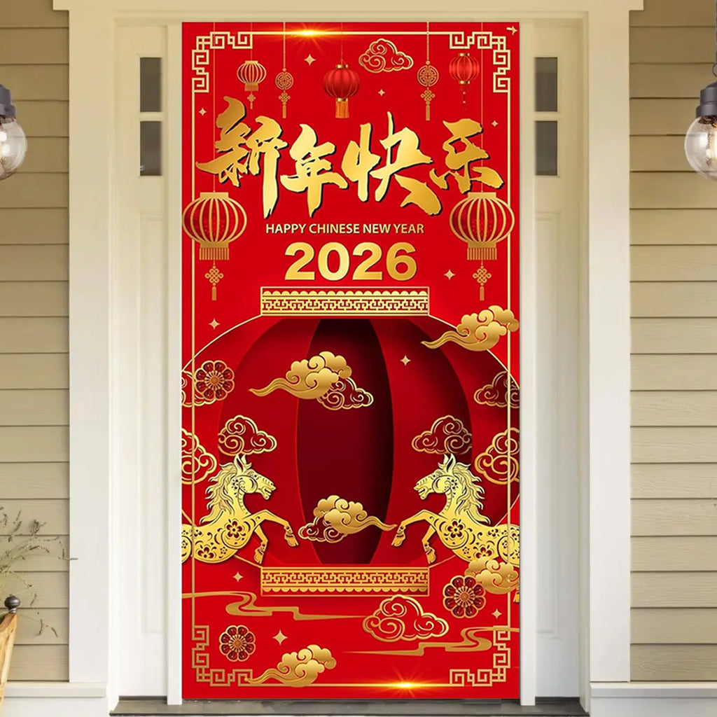 Year of The Horse 2026 Happy Chinese New Year Door Cover Decorations Banner Flag Welcome Hanging Backdrop Sign Party Background