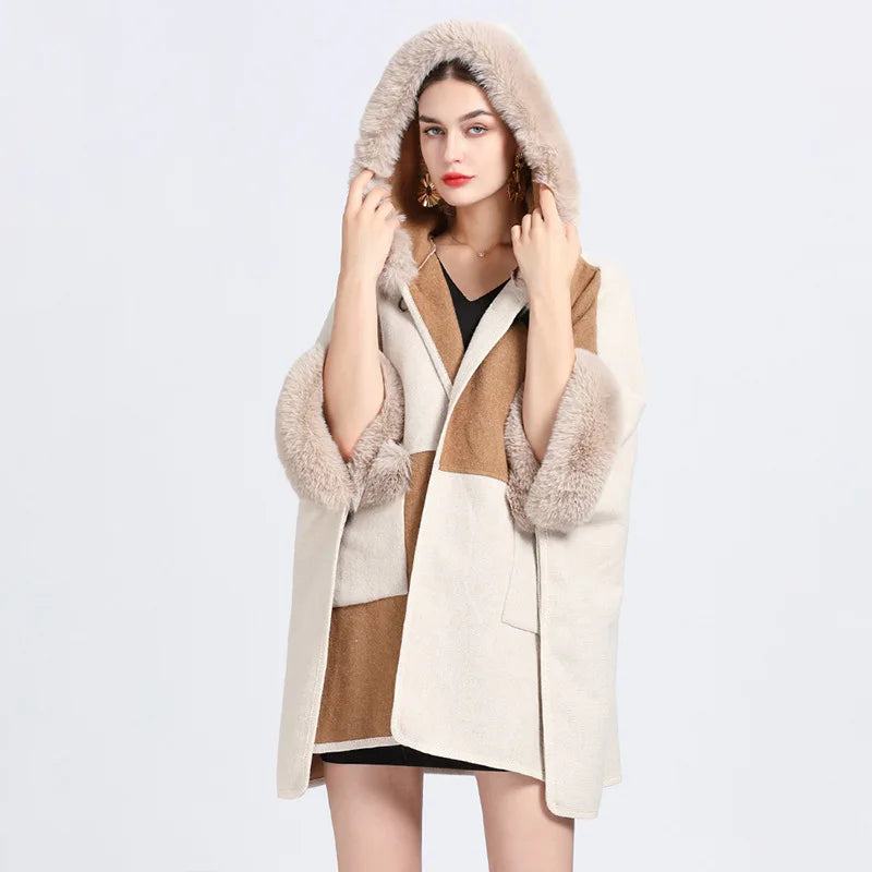 Contrast Color Winter Women Faux Fur Collar Loose Cape Outstreet Wear Warm Thick Poncho Cardigan Lady Coat With Hat Pocket