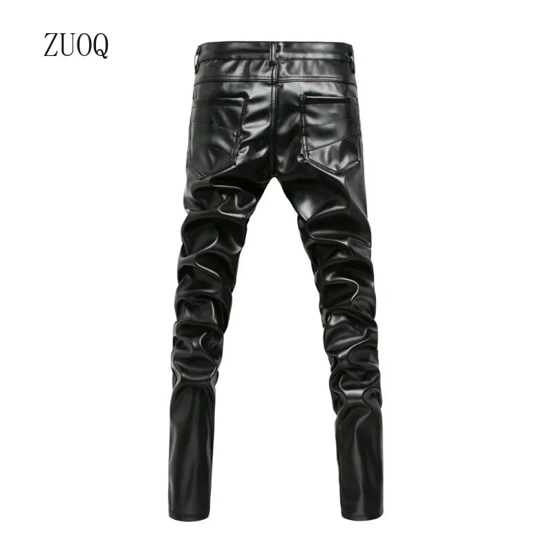 New Winter Men Skinny Biker Pu Leather Pants High Street Fashion Motorcycle Trousers for Male Stage Club Wear