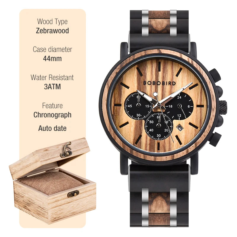 BOBO BIRD Wooden Watch Men erkek kol saati Luxury Stylish Wood Timepieces Chronograph Military Quartz Watches Custom Wood Gift