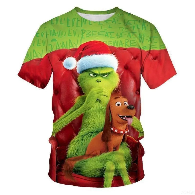 Cross Border New 2025 Christmas Cartoon Green Fur Monster 3D Printed Men's T-shirt Short Sleeved Christmas Grinch
