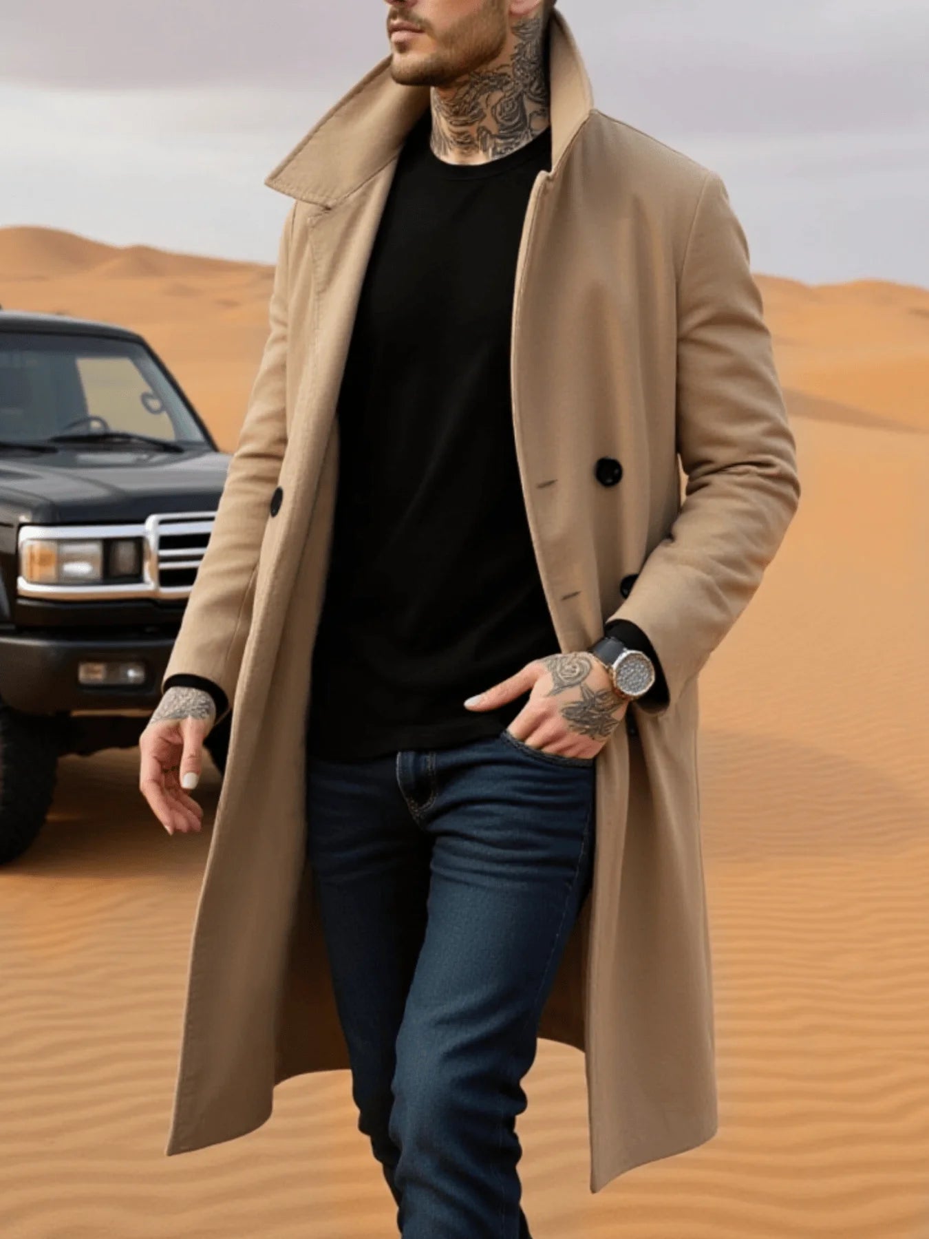 Winter Essential Trench! Men's Wool Coat with Lined Thermal Fabric: Classic Trench Style, Solid Jacket, Travel Ready!