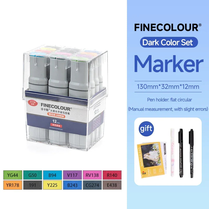 Finecolour EF105 20mm Wide Markers 12colors Alcohol Line Sketching Art Markers Pen Drawing For Large Area Painting Art Supplies