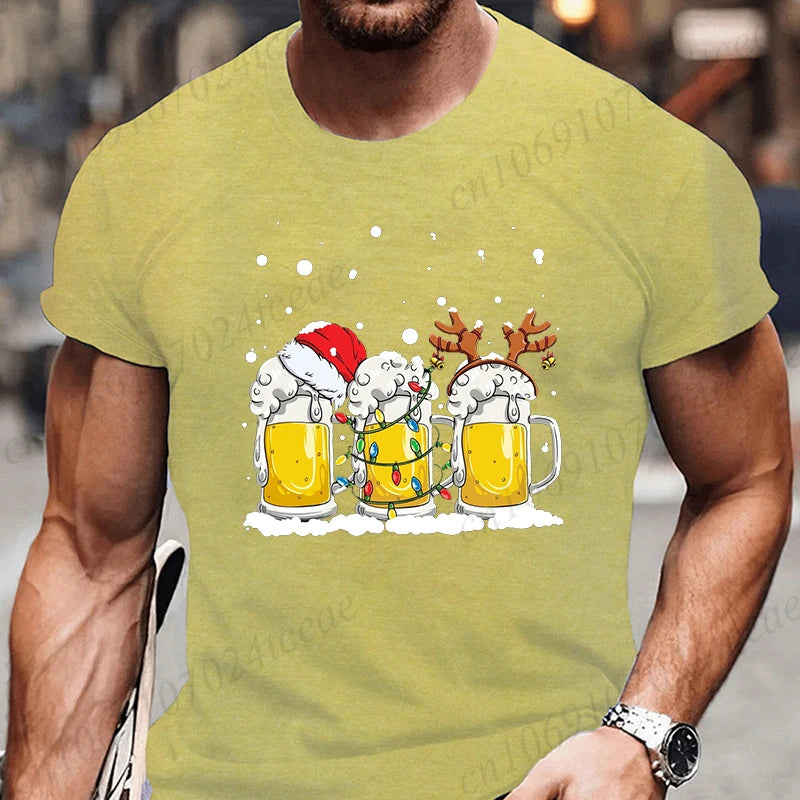 Tshirt Beer Christmas with Santa Reinbeer Xmas Lights Humor T Shirt Camiseta Christmas Party T Shirts Tops Streetwear T-shirts