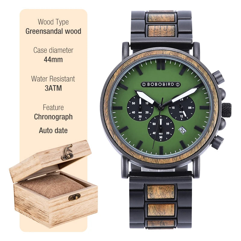 BOBO BIRD Wooden Watch Men erkek kol saati Luxury Stylish Wood Timepieces Chronograph Military Quartz Watches Custom Wood Gift
