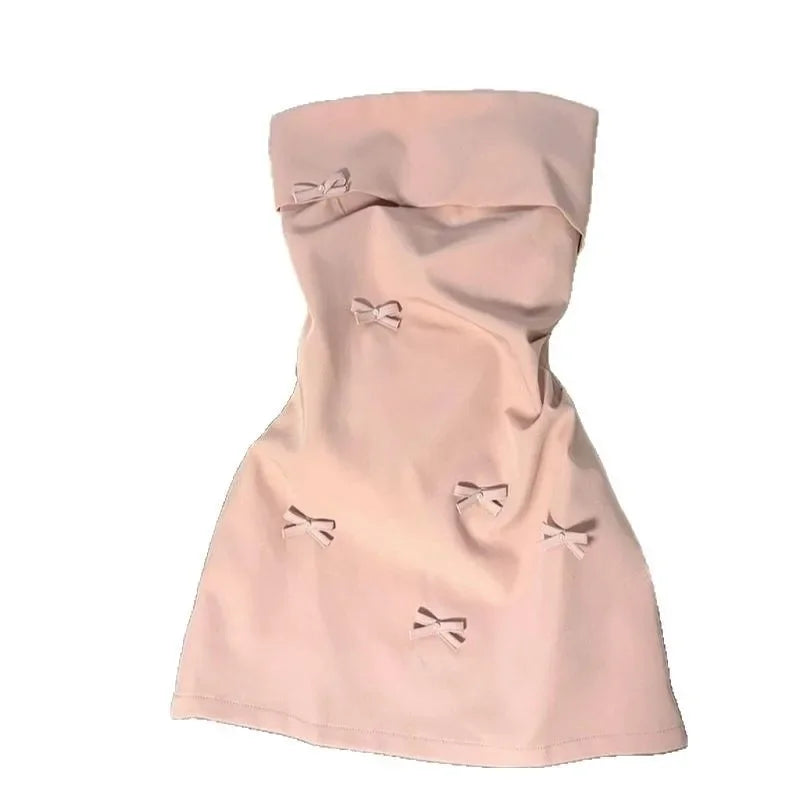 Korean Style Pink 3D Butterfly Knot Tube Top Mini Dress Women's Spring Summer Pure Desire Sexy Waist Cinching Short Skirt