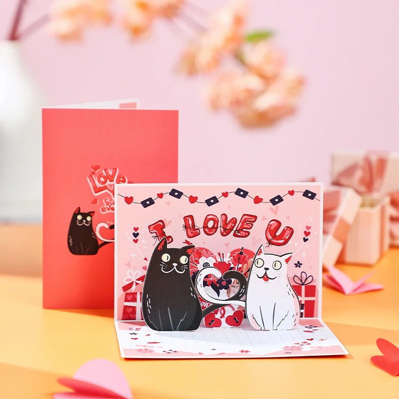 Valentines Day Greeting Card Romantic Cupid Cat Balloon Pop Up 3D Greetings Card Postcard Love Gifts For Couples Wife Lover