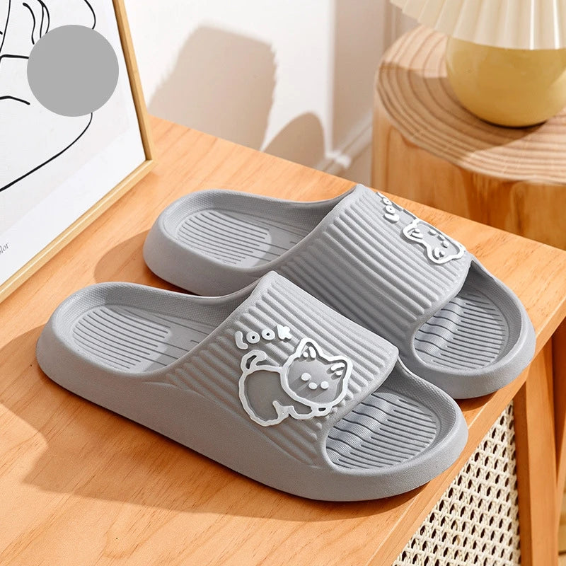 Cute Cartoon Kitten Women's Summer Slippers Indoor Bathroom Cloudy Soft Sole Non-slip Leisure Comfort Couple Home Shoes