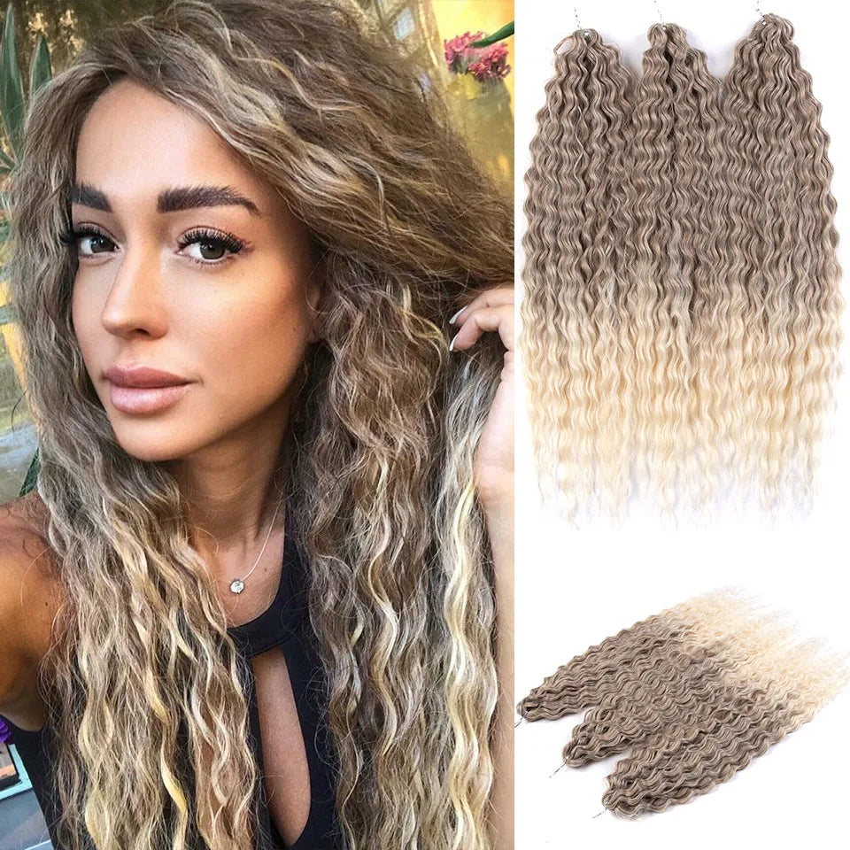 FASHION IDOL Ariel Twist Crochet Hair Synthetic 22 Inch 300g 3 Bundles Water Wave Hair Extensions Ombre Blonde Braid Curly Hair
