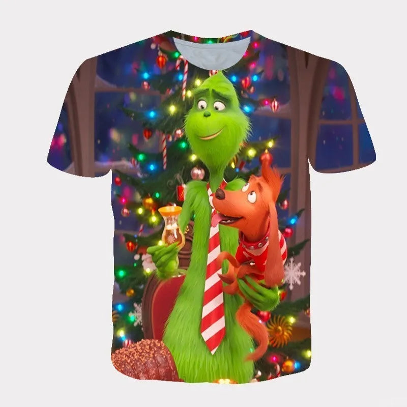 Cross Border New 2025 Christmas Cartoon Green Fur Monster 3D Printed Men's T-shirt Short Sleeved Christmas Grinch