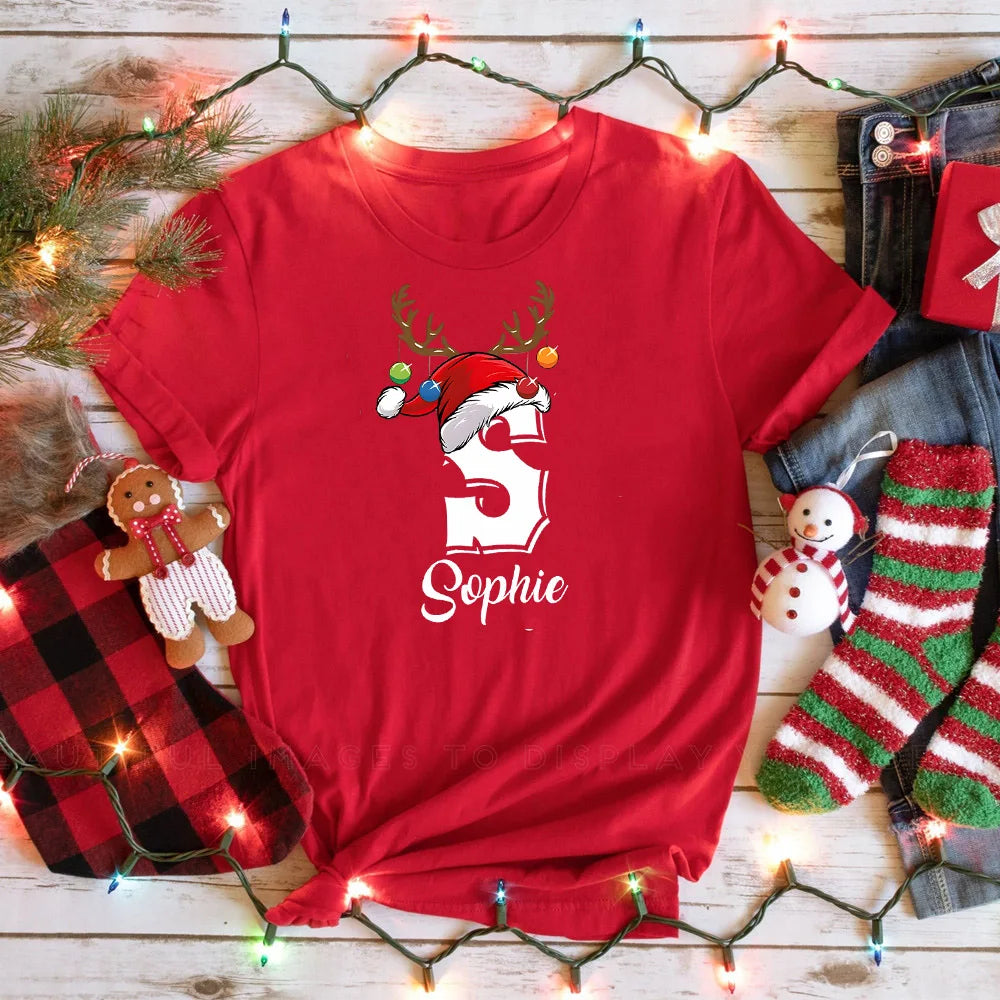 Personalized Christmas Family Matching Clothes Initial with Name Mom Dad Daughter Son Baby Tops Shirt Holiday Girl Boy T-shirt