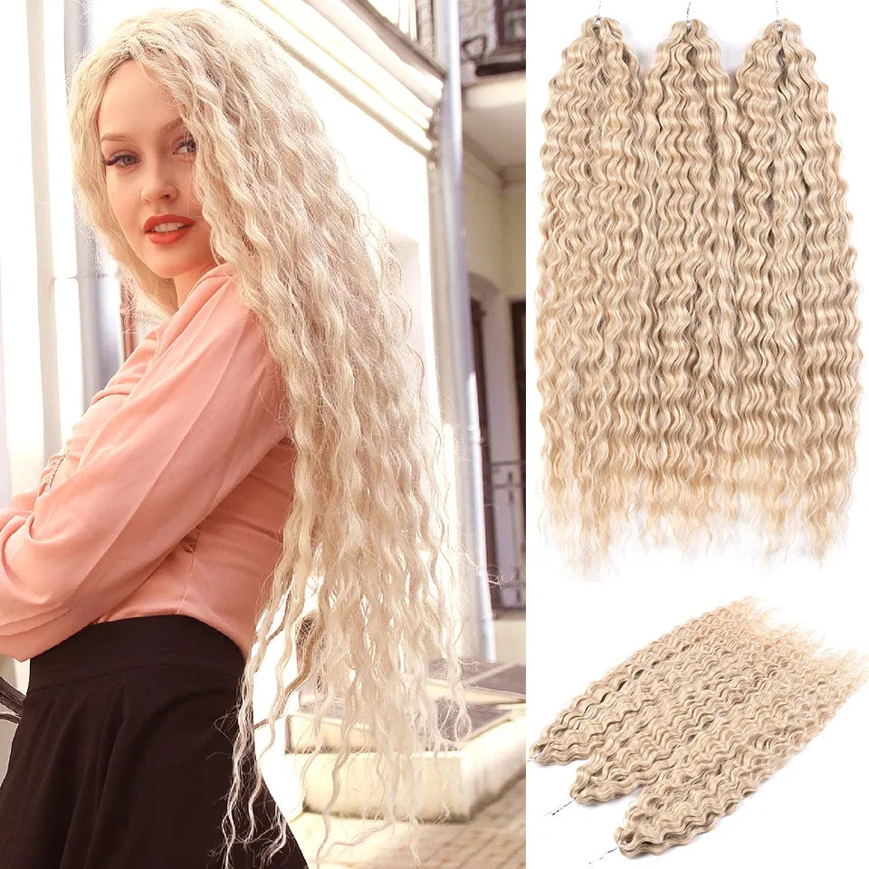 FASHION IDOL Ariel Twist Crochet Hair Synthetic 22 Inch 300g 3 Bundles Water Wave Hair Extensions Ombre Blonde Braid Curly Hair