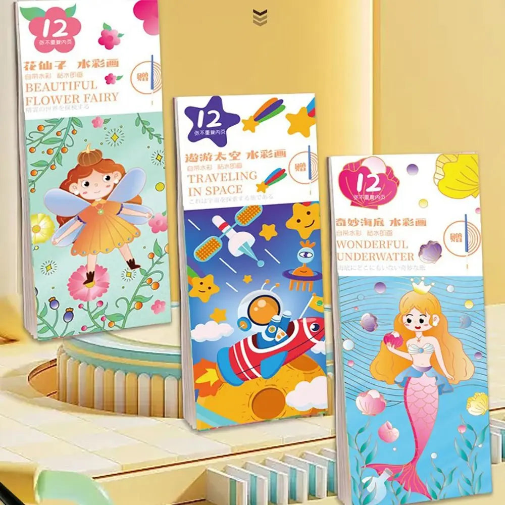 New 12 Pages Watercolor Coloring Book DIY Handcrafted Coloring Painting Book Portable With Painting Brush Mini Paint Pad Gift