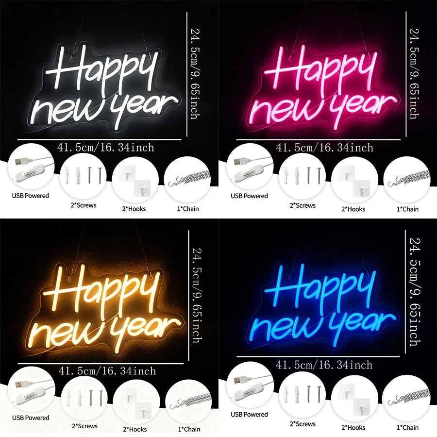 Happy New Year Neon Sign, Led Letter Icon, Used For Family, Bedroom, Spring Festival Party, Christmas Decor, Gifts For Friends.