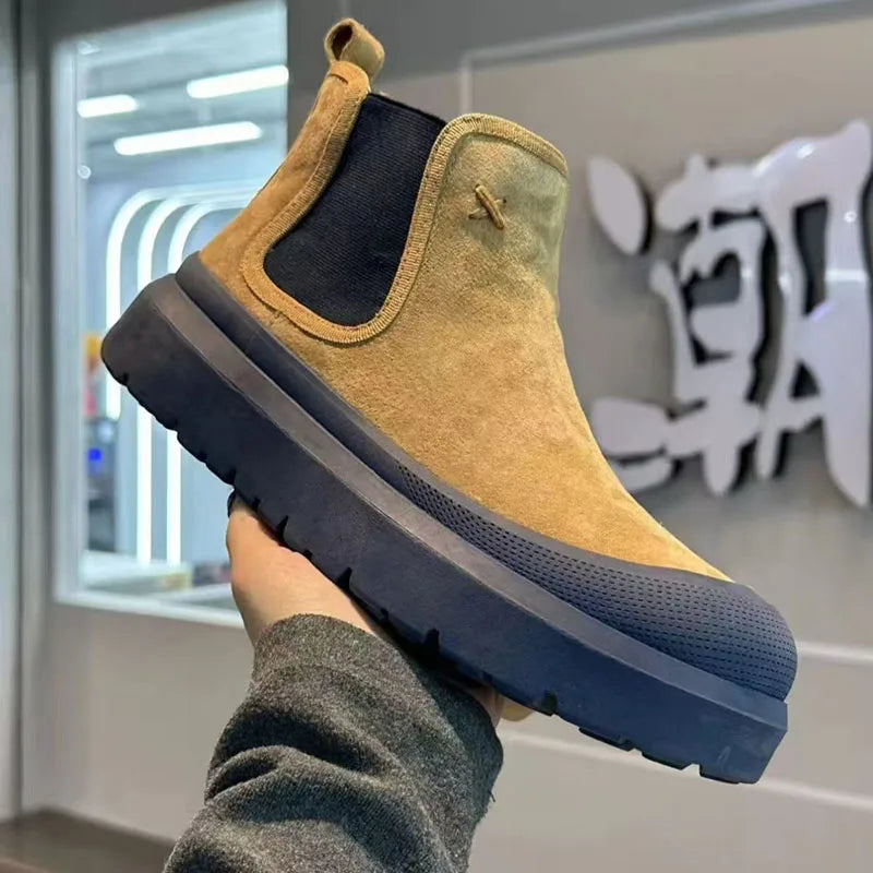 Winter Men Cow Suede Snow Boots Outdoor Cotton Boots for Fashion Handmade Casual Shoes with Waterproof Non-slip Ankle Boots