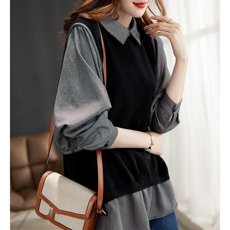 Autumn New Fashion Women's Color-coded Turn-down Collar Long Sleeve Casual Trendy Loose Fake 2 Piece Set Shirts Female Clothes