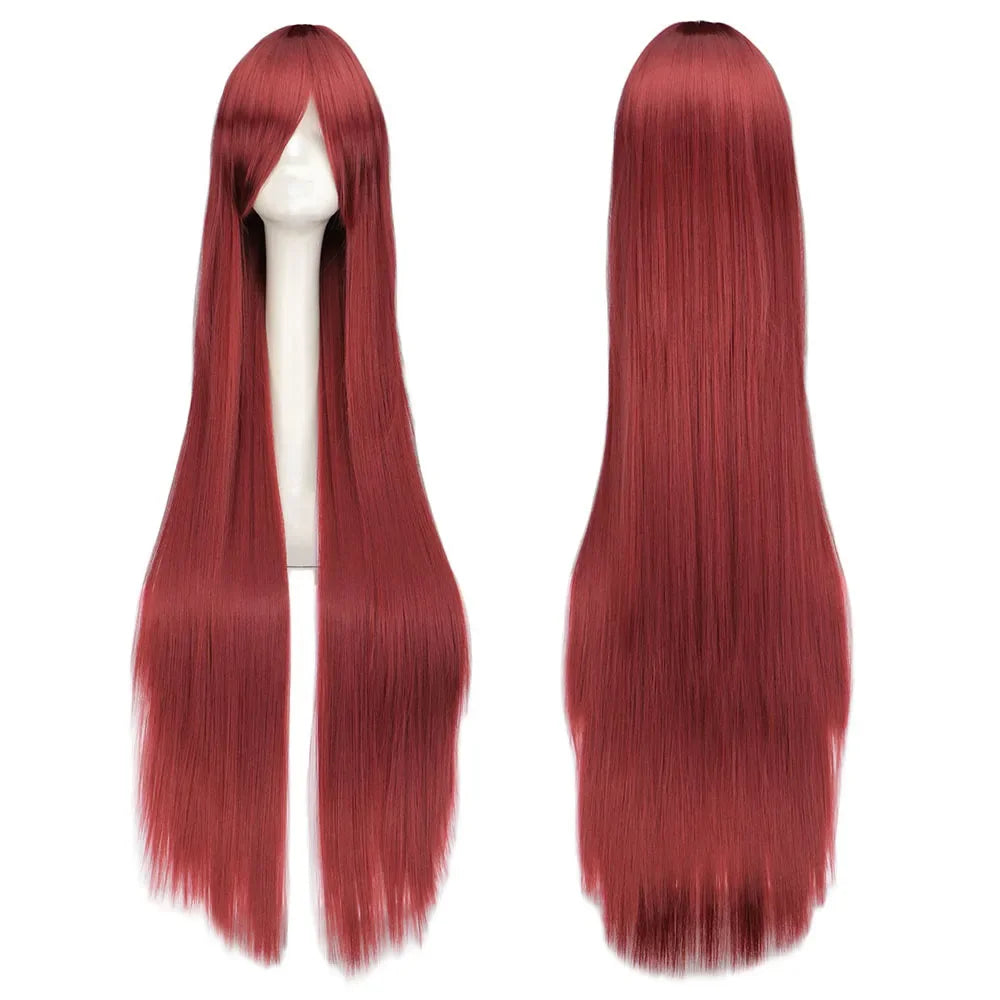 QQXCAIW Long Straight Cosplay Wig Black Purple Black Red Pink Blue Dark Brown 100 Cm Synthetic Hair Wigs