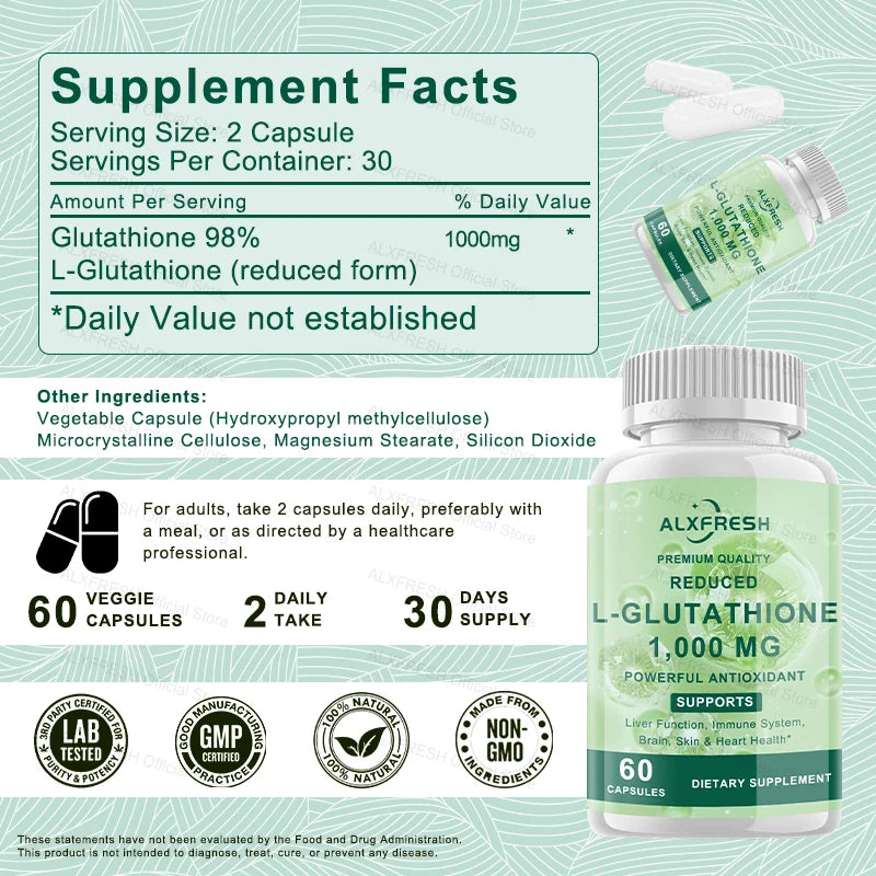 Glutathione Capsules For Skin Whitening Anti-aging Benefits Support Brain Health Boost Energy Relieve Fatigue Enhance Immunity