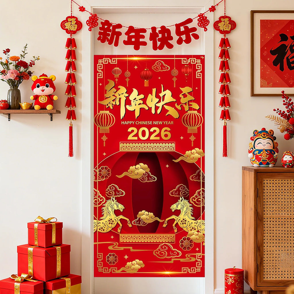 Year of The Horse 2026 Happy Chinese New Year Door Cover Decorations Banner Flag Welcome Hanging Backdrop Sign Party Background