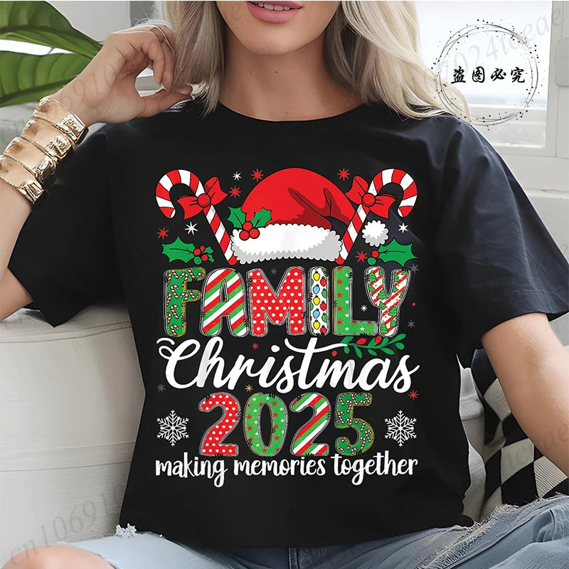Women T-Shirt Family Christmas 2025 Print Tops, Making Memories Together Tee, Santa Hat Shirts,Unisex Fun Matching Holiday Tops