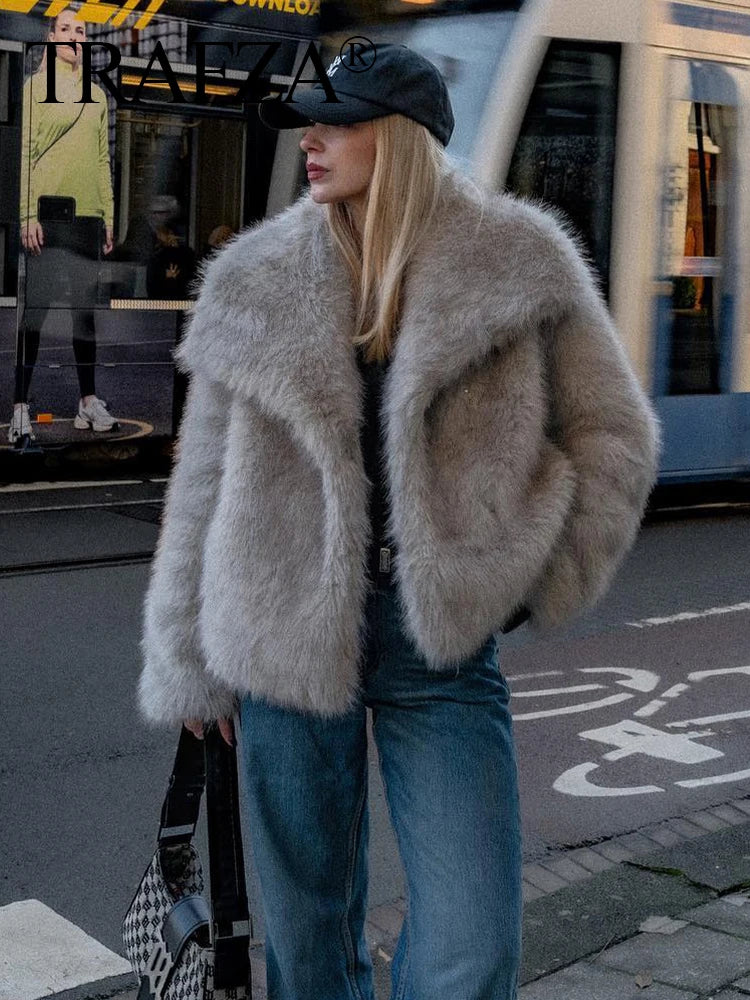 HH Winter Women Elegant Warm Plush Coat Turn-Down Collar Thick Cardigan Coat Female Pocket Long Sleeve Short Outerwear Mujer