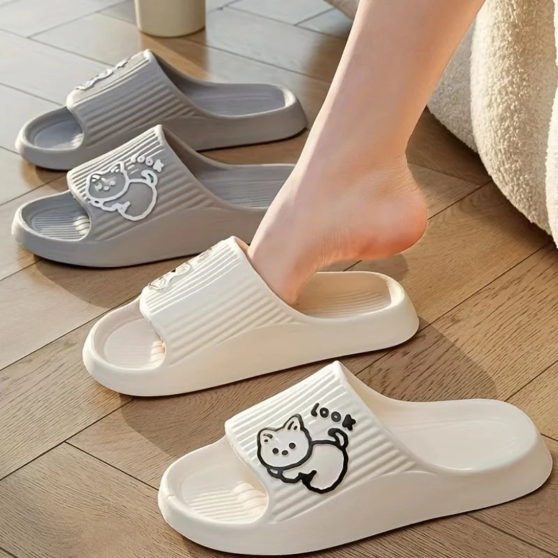 Cute Cartoon Kitten Women's Summer Slippers Indoor Bathroom Cloudy Soft Sole Non-slip Leisure Comfort Couple Home Shoes
