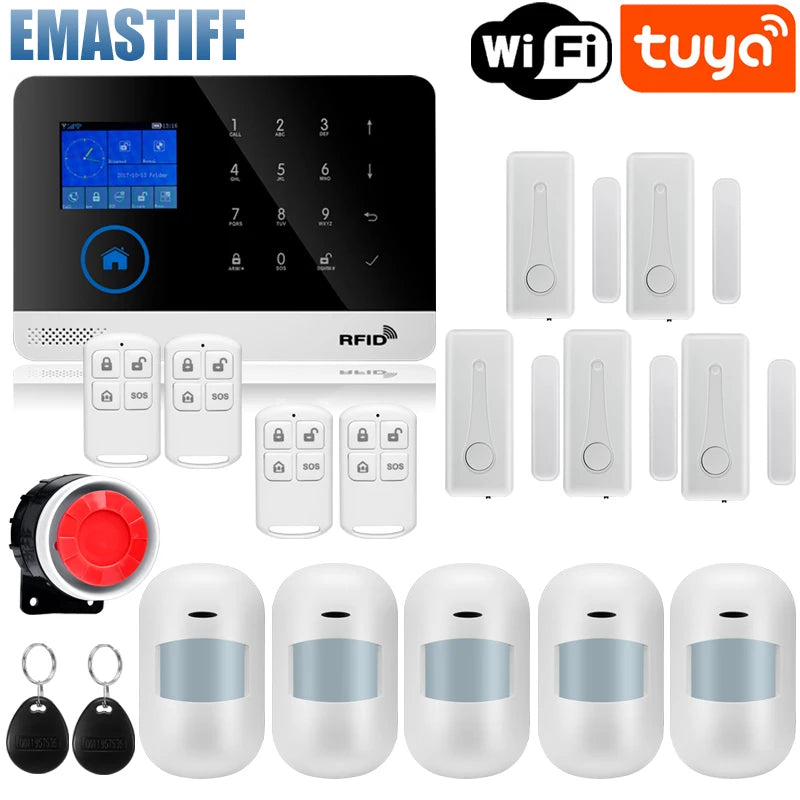 Wireless Tuya APP SIM GSM Home RFID Burglar Security LCD Touch Keyboard WIFI GSM Alarm System Sensor kit Russian,Spanish Voice