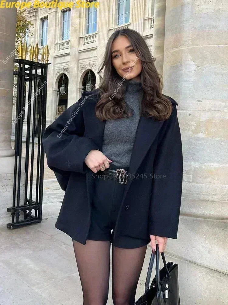Fashion Lapel Woolen Jacket For Women 2025 Spring Single Breasted Long Sleeve Coats Female Elegant Oversized Chic Street Outwear