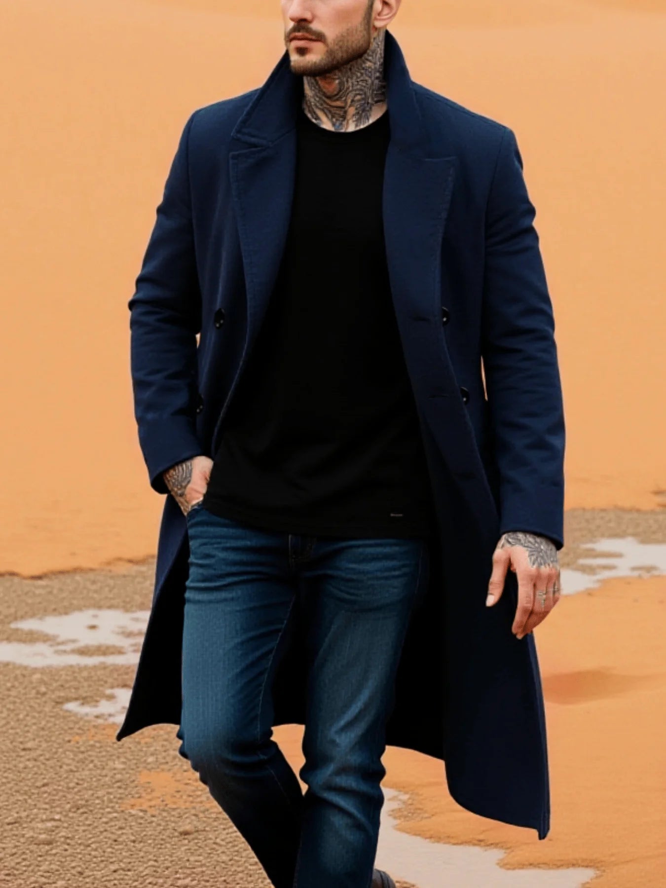 Winter Essential Trench! Men's Wool Coat with Lined Thermal Fabric: Classic Trench Style, Solid Jacket, Travel Ready!