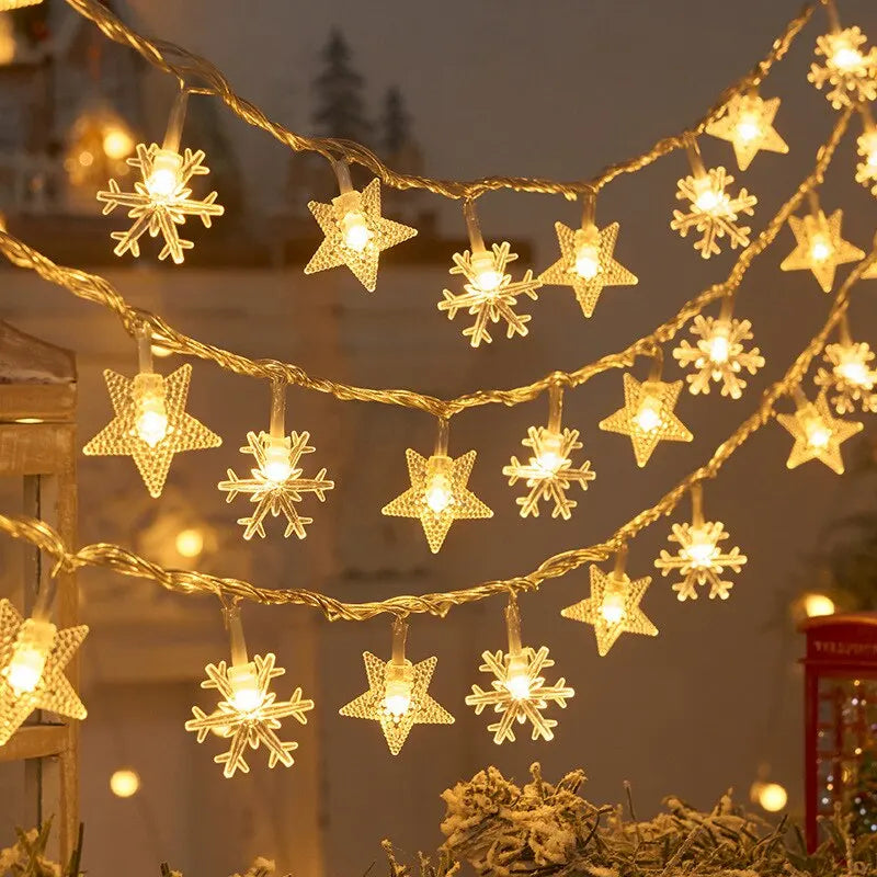 1.5M Pentagram Snowflake LED String Light Garland Merry Christmas Party Home Warm Atmosphere Decorations Happy New Year 2024