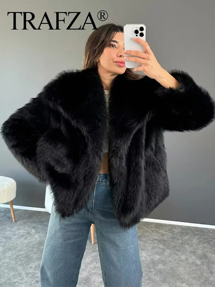 HH Winter Women Elegant Warm Plush Coat Turn-Down Collar Thick Cardigan Coat Female Pocket Long Sleeve Short Outerwear Mujer