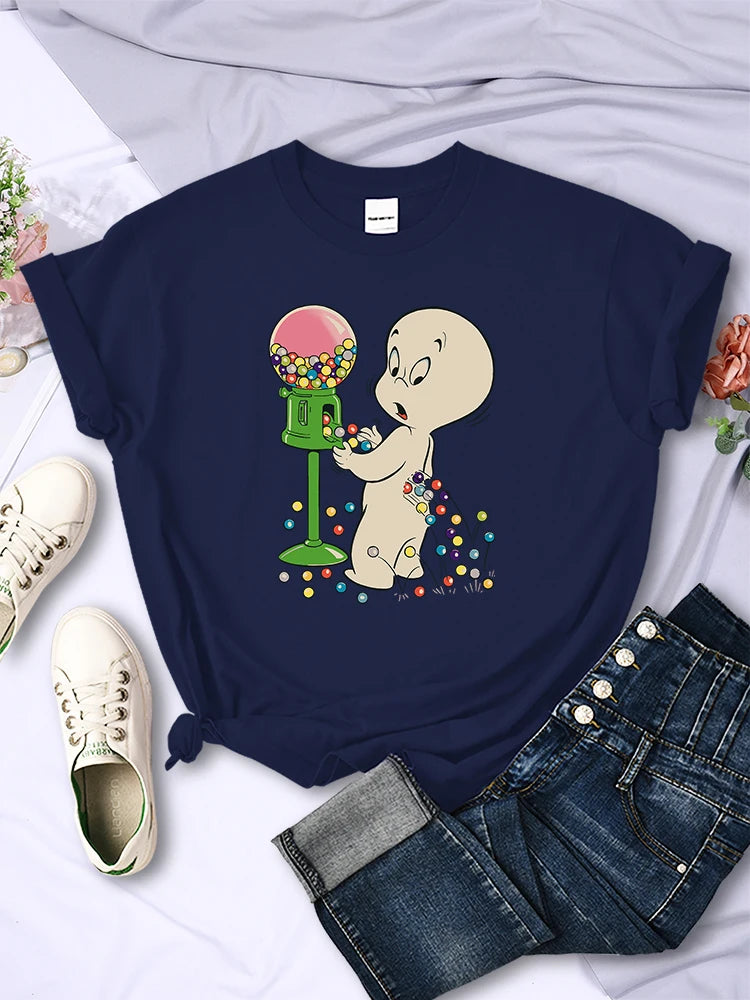The Little Boy Likes Colored Glass Balls Women Short Sleeve Creative Street Tops Casual O-Neck Clothing All-math Female T-Shirts